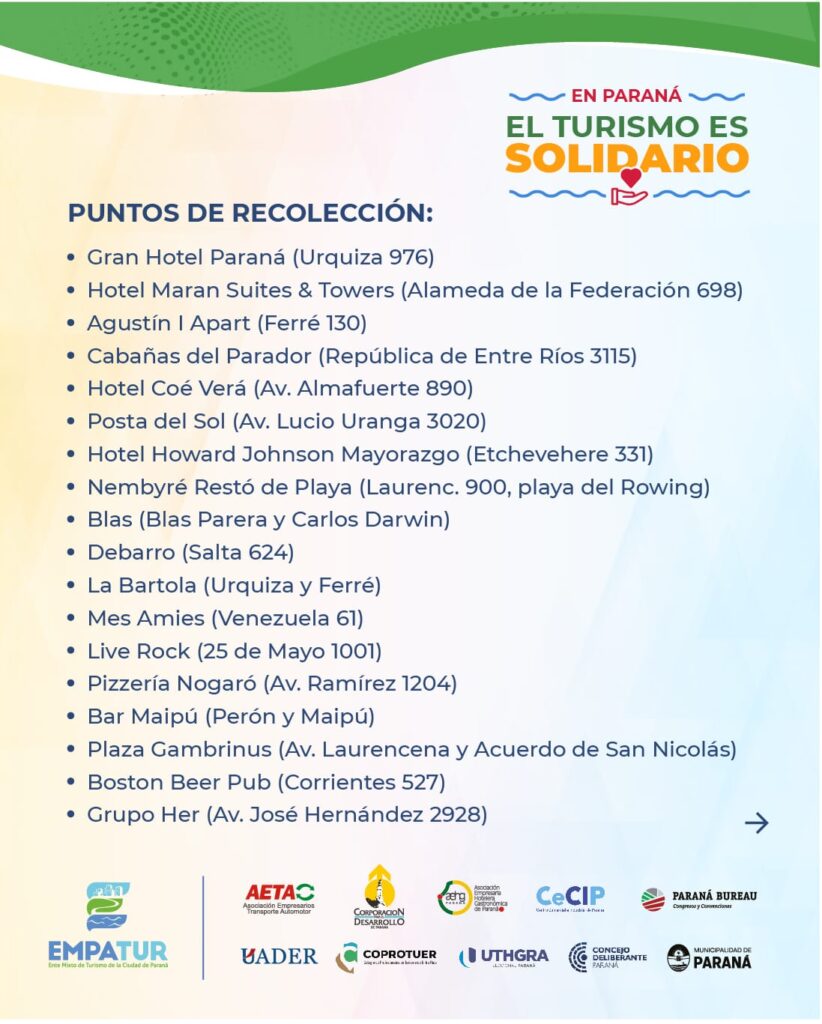 Imagen con muchos Puntos de recolección para la campaña: En Paraná el turismo es solidario.