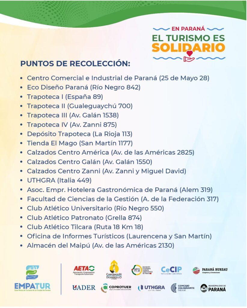 Imagen con muchos Puntos de recolección para la campaña: En Paraná el turismo es solidario.