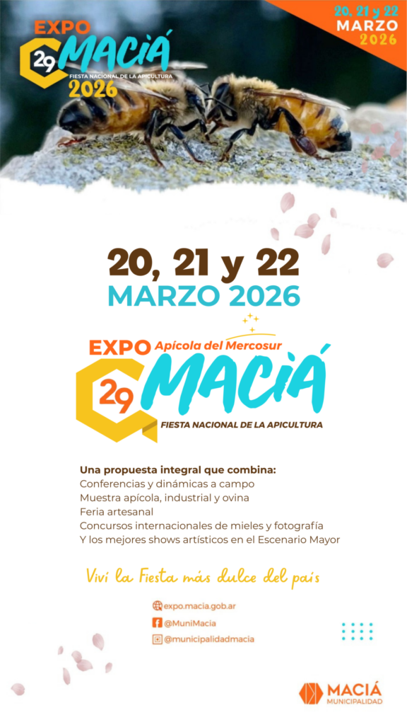 En Fondo de abejas trabajando se lee: 29 Expo Maciá 2026. 20;21 y 22 de marzo de 2026